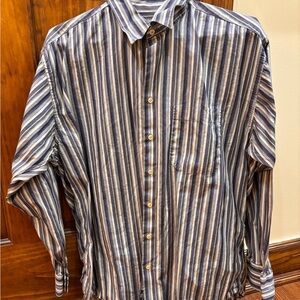 Burberry Men's Navy and White Striped Casual Shirt